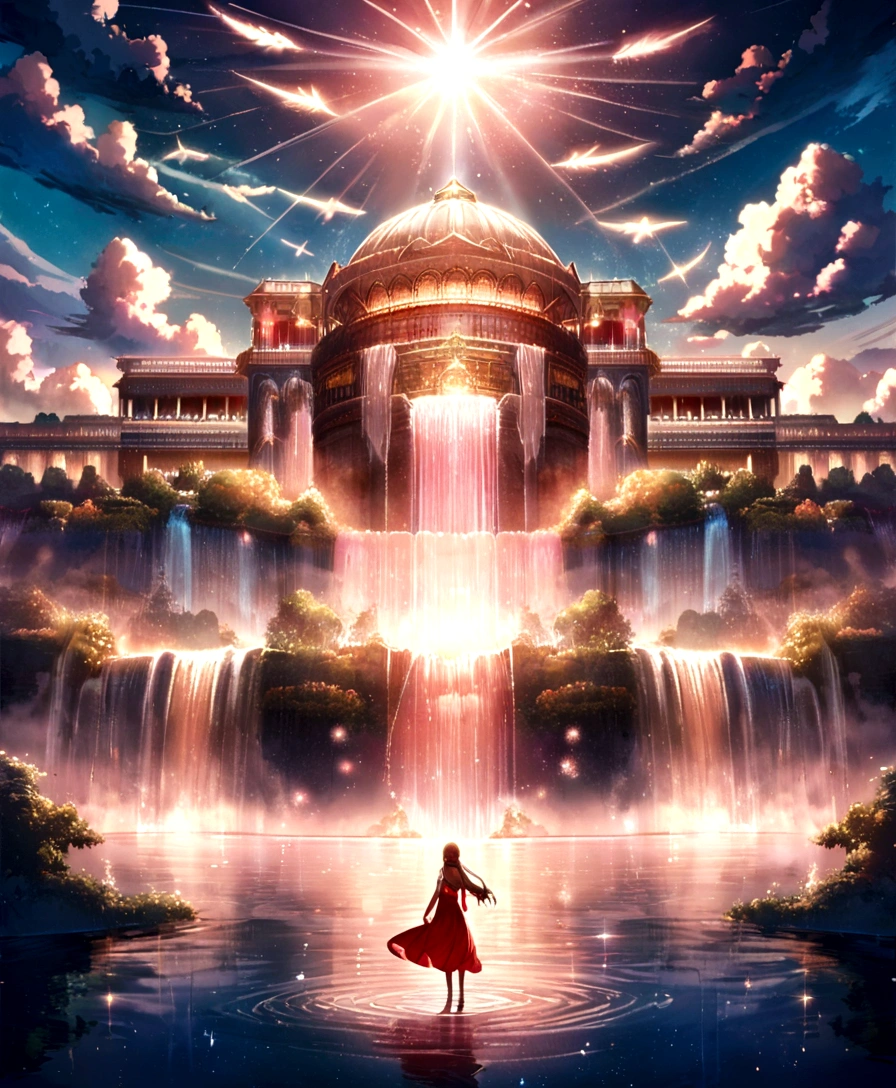 Heaven, landscape ilustration, sky, cloud, shine, a palace made from ruby gemstone, waterfall, flowing waters, sparkling light, flying angels,