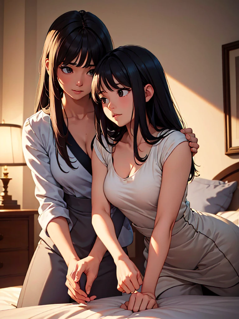 (masterpiece、top-quality、hight resolution), In a hotel room, a mature woman and a young man are facing each other in a serious conversation. The woman is a little nervous, but happy that her sexuality is enough to entice the man. The woman is giving the man final confirmation that he is her first sex partner. She says, "I'm an old lady in your eyes, is that OK? My first time is with an old lady like me..." The atmosphere of the room is cozy and private, emphasizing the importance of the moment and their emotional connection. nsfw, 30 years old