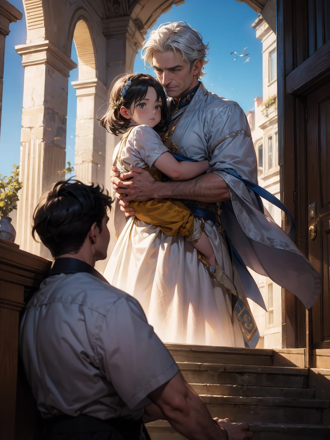 (Highly detailed CG Unity 8k wallpaper), The most beautiful works of art in the world, masterpiece, Highest quality, {Highest quality}, {{masterpiece}}, {High resolution}, Happy parent-child scene。The resurrected form of Emperor Constantine and the twins Crispus and Fausta.、Father and son landscape。「Pula, Croatia、Under the clear blue sky、A summer evening where a stylish modern mansion shines。As the bright sunlight envelopes the sea and the mansion、A young father in his 30s hugs his twin sons tightly and warmly on his way home from work。The father's face was filled with deep love and forgiveness.、I can see the look of relief on his face, having overcome his past mistakes.。The children have innocent, naive smiles、He buried his face in his father's shoulder and looked relieved.。Light and shadow gently intersect、A scene that creates a warm and moving atmosphere overall.。」Love。Love, forgiveness, healing and purification。Detailed and delicate。lyrical。Heartful。Romance novel binding。
