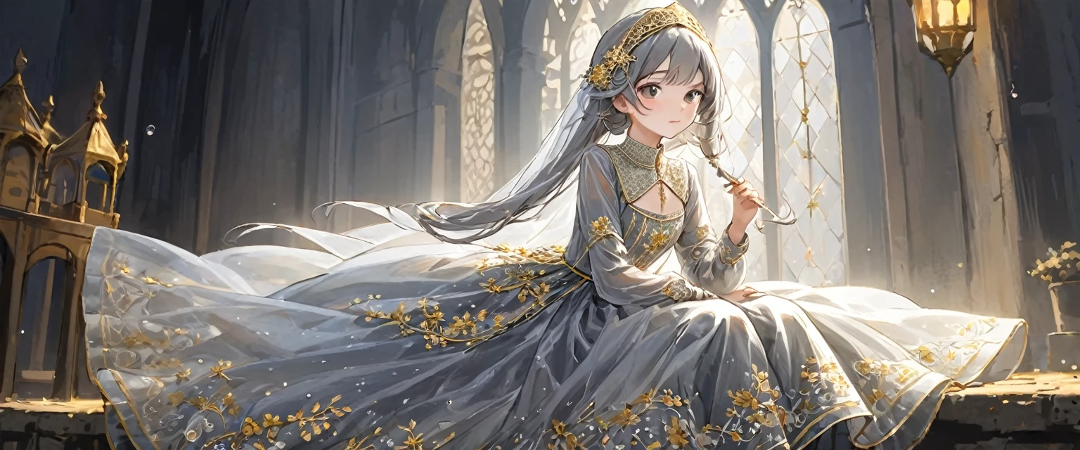girl, Gold and silver embroidery, White-gray pearl medieval long dress(With panniers), Translucent fabric, Pull up the dress by hand, Strong winds, Translucent slip, Grey translucent tights, Peeking from below, Highest quality, Disorder of clothing, sit