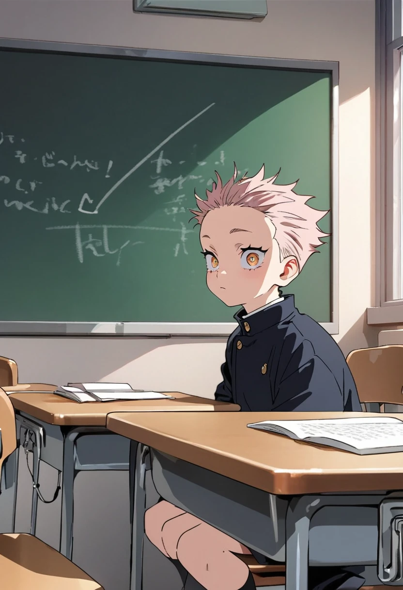 Highest quality, movie image quality, cute  with a good face in the classroom, desk, chair, blackboard, classmate with  (8 years old, little , cute), Jujutsu Kaisen style