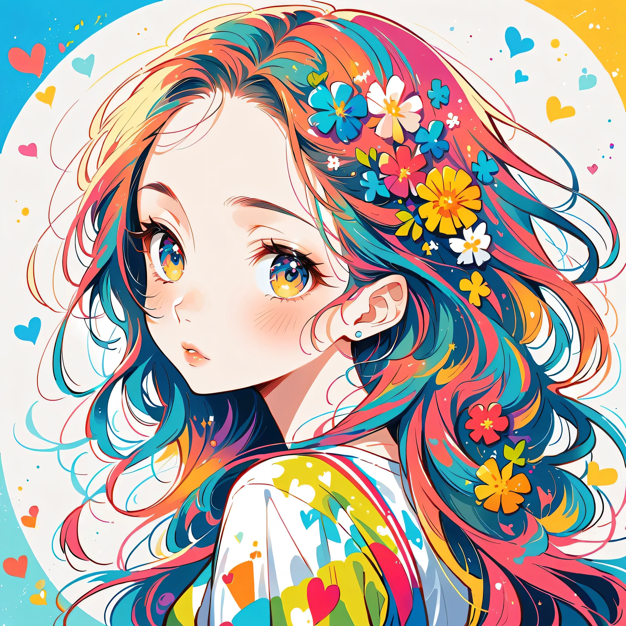 Mika Pikazo Style、The most beautiful girl of all time、Lips in Love、Colorful flowers、colorful hearts, Simple line initials、Abstract art、Urban Background