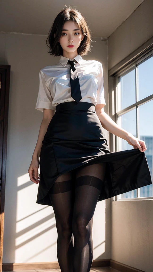 1girl,young girl, shiny skin,big breasts,nice leg line:1.3, thin waist,, thighhighs,necktie,((pencil skirt)),looking at viewer,from below,full body, ( pantyhose:1.3),(The golden ratio figure),
masterpiece, best quality, best perspective, ultra-detailed and intricate, extremely delicate and beautiful, best quality light, (ray tracing:1.1), anti-aliasing,
realistic,photorealistic,award-winning illustration,(intricate details:1.2),(delicate detailed) (intricate details),(cinematic light,best quality Backlights),clear line,sharp focus,official art,unity 8k wallpaper,absurdres,incredibly absurdres,huge filesize,ultra-detailed,highres,extremely detailed extremely delicate and beautiful,RAW photo, professional lighting,dynamic lighting,light on the face,depthoffield,solofocus,cool beauty,tall woman,black hair,short cut hair,Precisely expresses details such as face and skin texture,beautiful eye,double eyelid,delicate skin,slender body shape,alone,