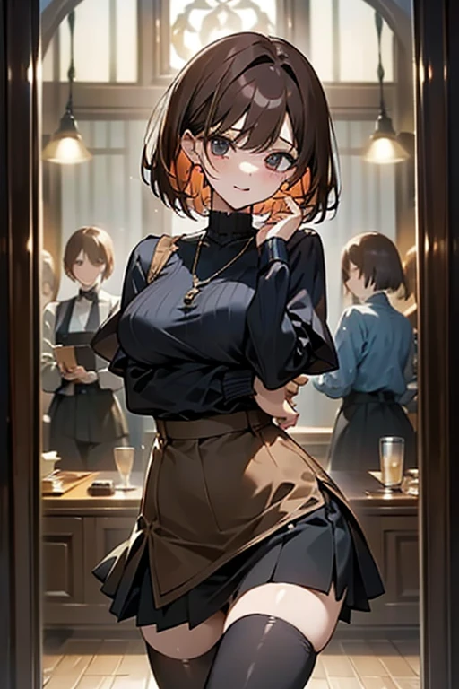 Reddish brown short length hair、Black high neck waffle knit top、Flared sleeves、Tight Skirt、Black Stocking、necklace、TİTS、slender、Bright Park、Messed up、Asymmetrical design、Torn clothes