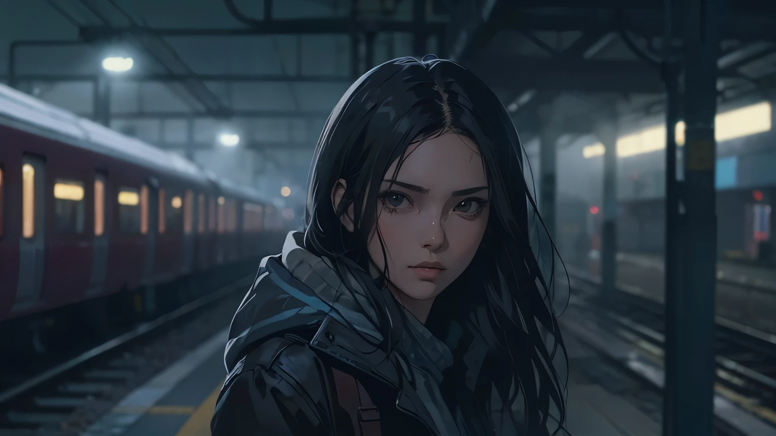 Animated character standing at a train station with a train in the background, Gweiz-style artwork, Digital anime illustration, City Girl Fan Art, detailed Digital anime art, Realistic art style, 4K Detailed Digital Art, Digital anime art, 🤤 Portrait of a Girl, Realistic art style, Detailed portrait of an anime girl, Created by Anime Painter Studio, Cyberpunk anime girl in a hoodie
