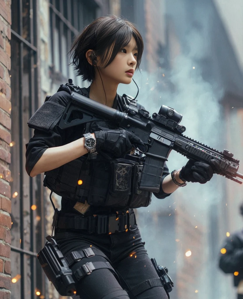 8K,Realistic Photo、Realistic Skin Texture、Superrealism、Japanese woman in LA SWAT、Operation、In a mid-sized American city、old buildings、sparks、Burst smoke、Brick、Comes with accurate and detailed black gear、Automatic rifle、Run、Bulletproof vest、Accessories such as watches、Short Hair、Dynamic pose