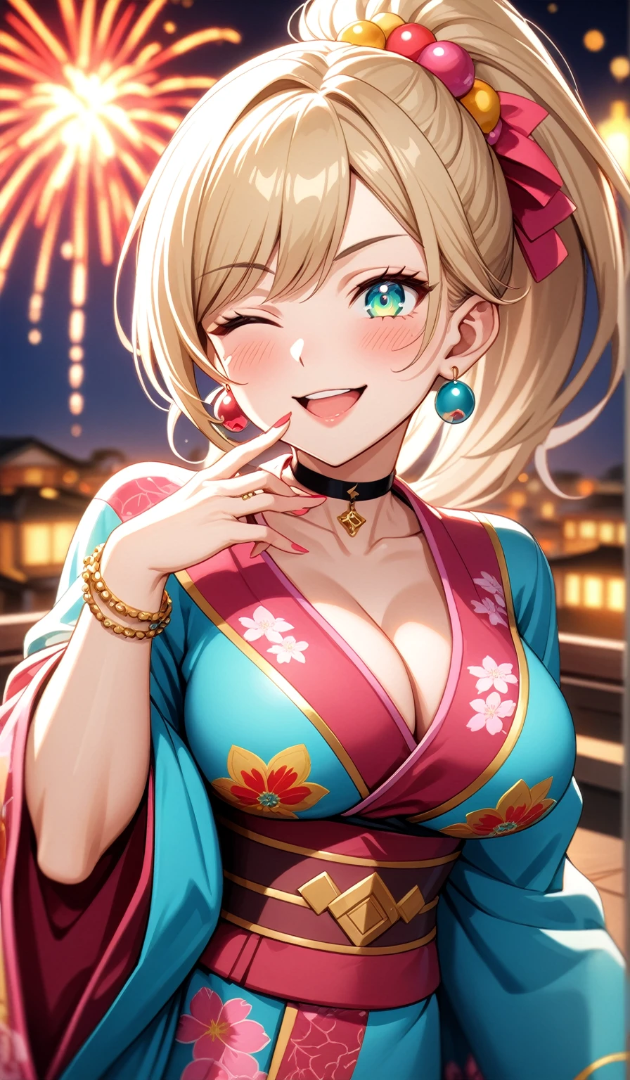 ((One personの女性)), Beautiful Face,Laughing embarrassedly,((Wink:2.0)),Laugh with your mouth wide open((Bright red cheeks:1.4)),Glossy pink lips,night,rooftop,Festive decorations,You can see the ocean, firework,Laughing with your mouth open,Glossy pink lips,Lighting on the face,((Anime style background)),masterpiece, Highest quality, so beautiful,Latest, Complex details, (Pink long nails),(ring),(bracelet),(choker),AI-generated, Complex,High resolution, Highest quality, super high quality,3D Images、View your viewers、3D Images,One person,Long blonde hair,High Ponytail,(Turquoise Eyes),Anime woman posing for a photo, ((Fine grain、Colorful Eyes、Shining Eyes:1.4)),(Squint your eyes:1.1),a hyperRealistic , hyperRealistic , Realistic,Anime woman with long and white hair, Smooth anime CG art, A woman in a colorful kimono with gold embroidery, (Pink long sleeve kimono),Red floral pattern,Long flower hair ornament,big floral earrings,Mature Body,(Big Breasts:1.1),Tall,Abdominal muscles,Narrow waist,(Zoom in on face:1.7),Shooting from below at an angle