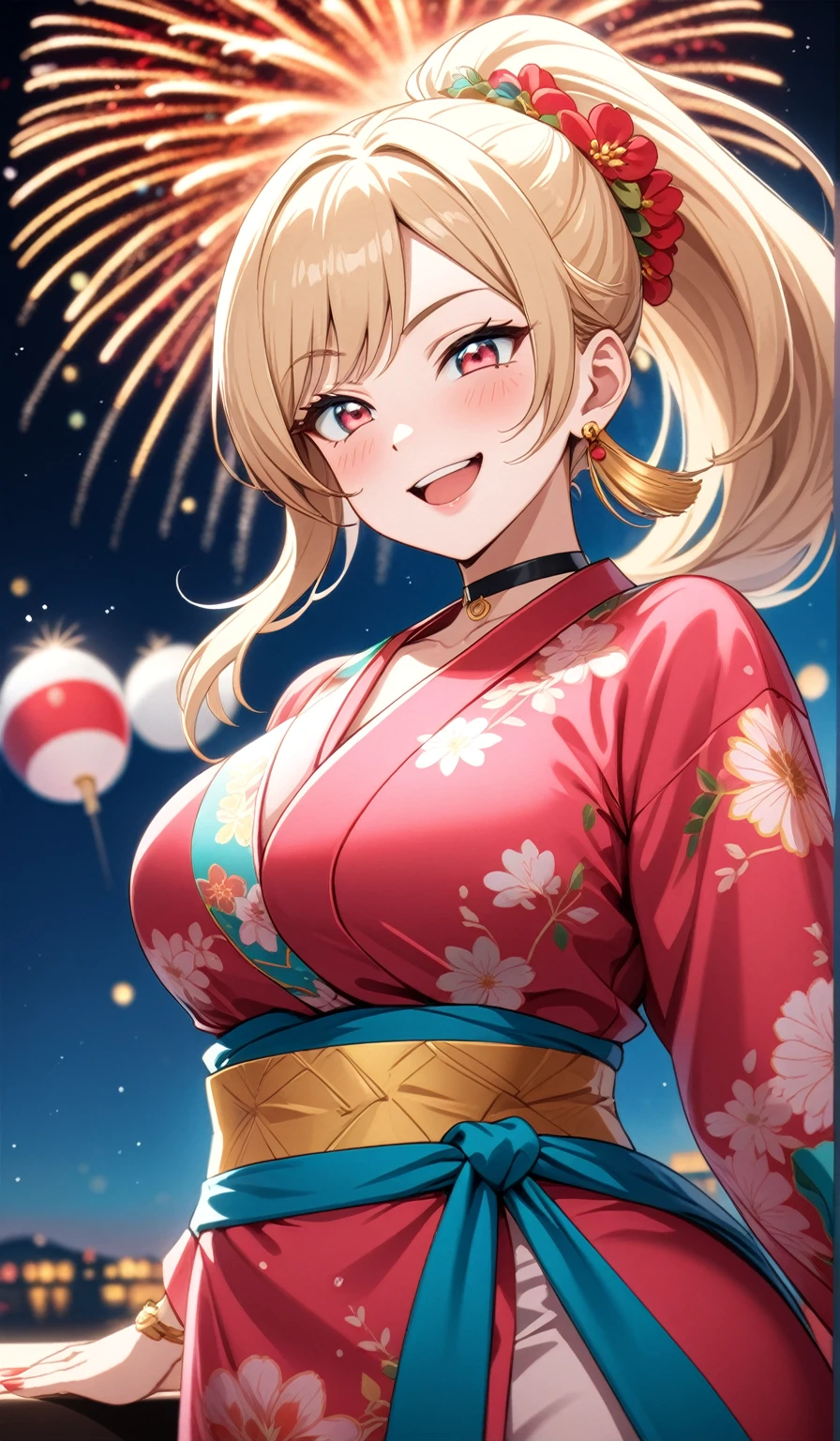 ((One personの女性)), Beautiful Face,Laughing embarrassedly,((Wink:2.0)),Laugh with your mouth wide open((Bright red cheeks:1.4)),Glossy pink lips,night,rooftop,Festive decorations,You can see the ocean, firework,Laughing with your mouth open,Glossy pink lips,Lighting on the face,((Anime style background)),masterpiece, Highest quality, so beautiful,Latest, Complex details, (Pink long nails),(ring),(bracelet),(choker),AI-generated, Complex,High resolution, Highest quality, super high quality,3D Images、View your viewers、3D Images,One person,Long blonde hair,High Ponytail,(Turquoise Eyes),Anime woman posing for a photo, ((Fine grain、Colorful Eyes、Shining Eyes:1.4)),(Squint your eyes:1.1),a hyperRealistic , hyperRealistic , Realistic,Anime woman with long and white hair, Smooth anime CG art, A woman in a colorful kimono with gold embroidery, (Pink long sleeve kimono),Red floral pattern,Long flower hair ornament,big floral earrings,Mature Body,(Big Breasts:1.1),Tall,Abdominal muscles,Narrow waist,(Zoom in on face:1.7),Shooting from below at an angle