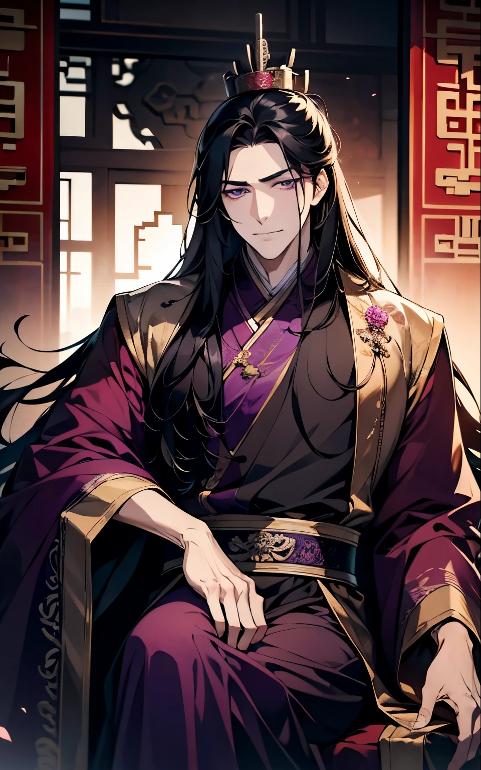 1 middle-aged man, (45 years old), long black hair, violet eyes, chinese clothes, purple clothes, sitting chniese throne, purple chinese room