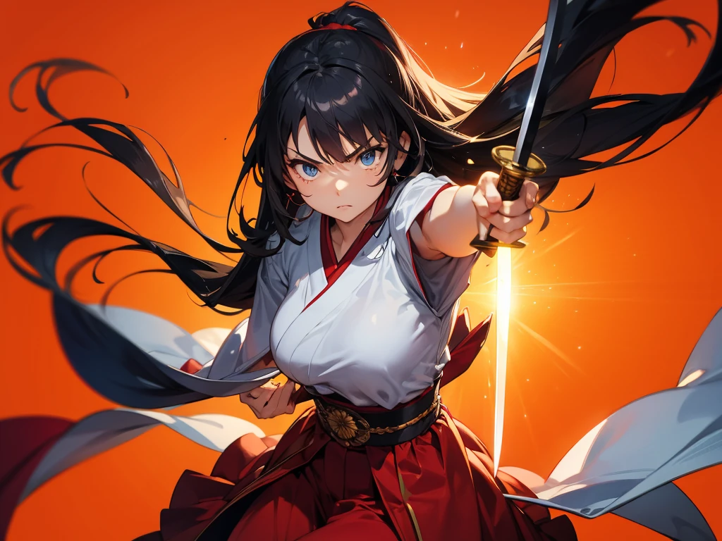 1girl,Dynamic composition、[17277fbe68],sunrise stance,((Perspective Lens, Woman with long hair, Dynamic poses with serious and mean expressions, Two hands brandishing a large, long Japanese sword )) ((Pure Orange Background:1.2)),Anime Style、Detailed eyes、Looks like she&#39;s in her early 20s,Shooting in mid-motion,With her long braided hair fluttering. Her outfit is reminiscent of a butterfly,Black and yellow color palette,Be playful.,Neon color line fractal art、