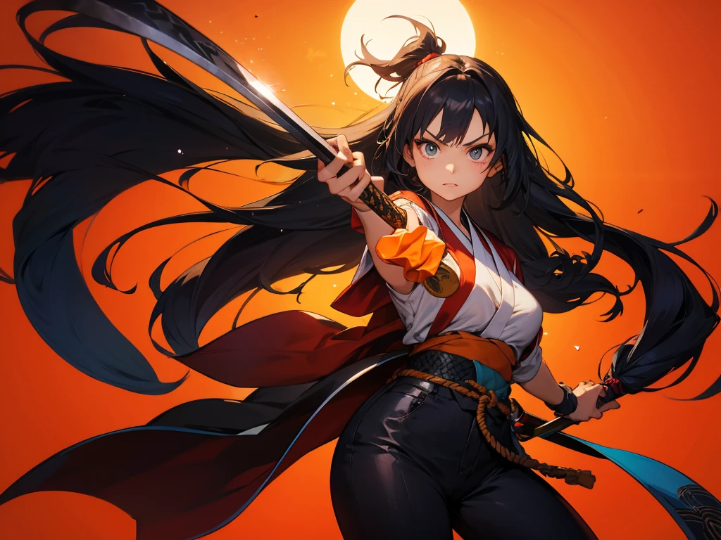 1girl,Dynamic composition、[17277fbe68],sunrise stance,((Perspective Lens, Woman with long hair, Dynamic poses with serious and mean expressions, Two hands brandishing a large, long Japanese sword )) ((Pure Orange Background:1.2)),Anime Style、Detailed eyes、Looks like she&#39;s in her early 20s,Shooting in mid-motion,With her long braided hair fluttering. Her outfit is reminiscent of a butterfly,Black and yellow color palette,Be playful.,Neon color line fractal art、