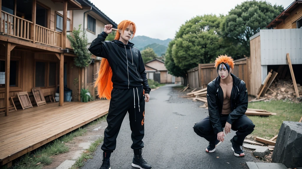 anime role play with orange hair and a black outfit posing for a picture, anime role play, pain From Naruto, role play photo, role player, professional role play, The Joker as Naruto, Ichigo kurosaki, role play, hot topic Comic-Con, Anime Characters; Full body art, Ichigo, From Naruto, full-role play, Comic-Con, Anime Characters, Badass Pose,The environment has stones,There are small stones in the air,Collapsed house with wooden surroundings