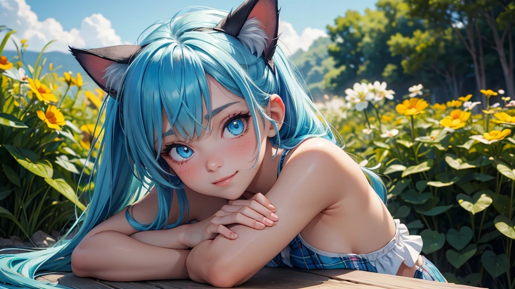 1_girl, solo, (high resolution, upper body, soft skin:1.2),(best illustration,masterpiece:1.2),ultra-detailed,[(cat ears , aqua blue inside:1.2, blue twin tail hair, aqua blue eyes, cat eyes, tan skin),vivid colors,sharp focus, sun lighting,bokeh, wearing a red plaid swimsuit, smiling, one eye wink 