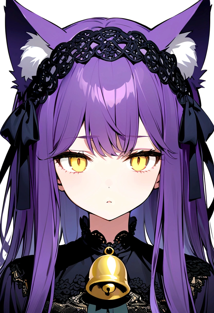 Yellow Eyes, half-closed droopy eyes, Purple hair。I have a half-twin.。She is wearing a ribbon with a bell on it。She has cat ears the same color as her hair,Staring at the game。 Upper body only