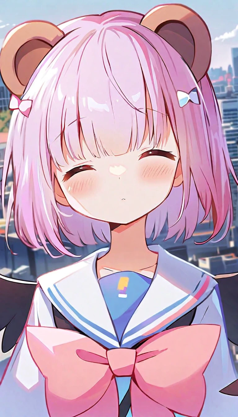 Ski Style, One girl, alone, Pink Hair, Animal ears, blue eyes, wing, View your viewers, bangs, short hair, bow, Sailor collar, white Sailor collar, hair bow, pink bow, Mouth closed, shirt, white shirt, Bear ears, Bobcut, mini wing, Portraiture, detached wing, compensate, Upper Body, Background city