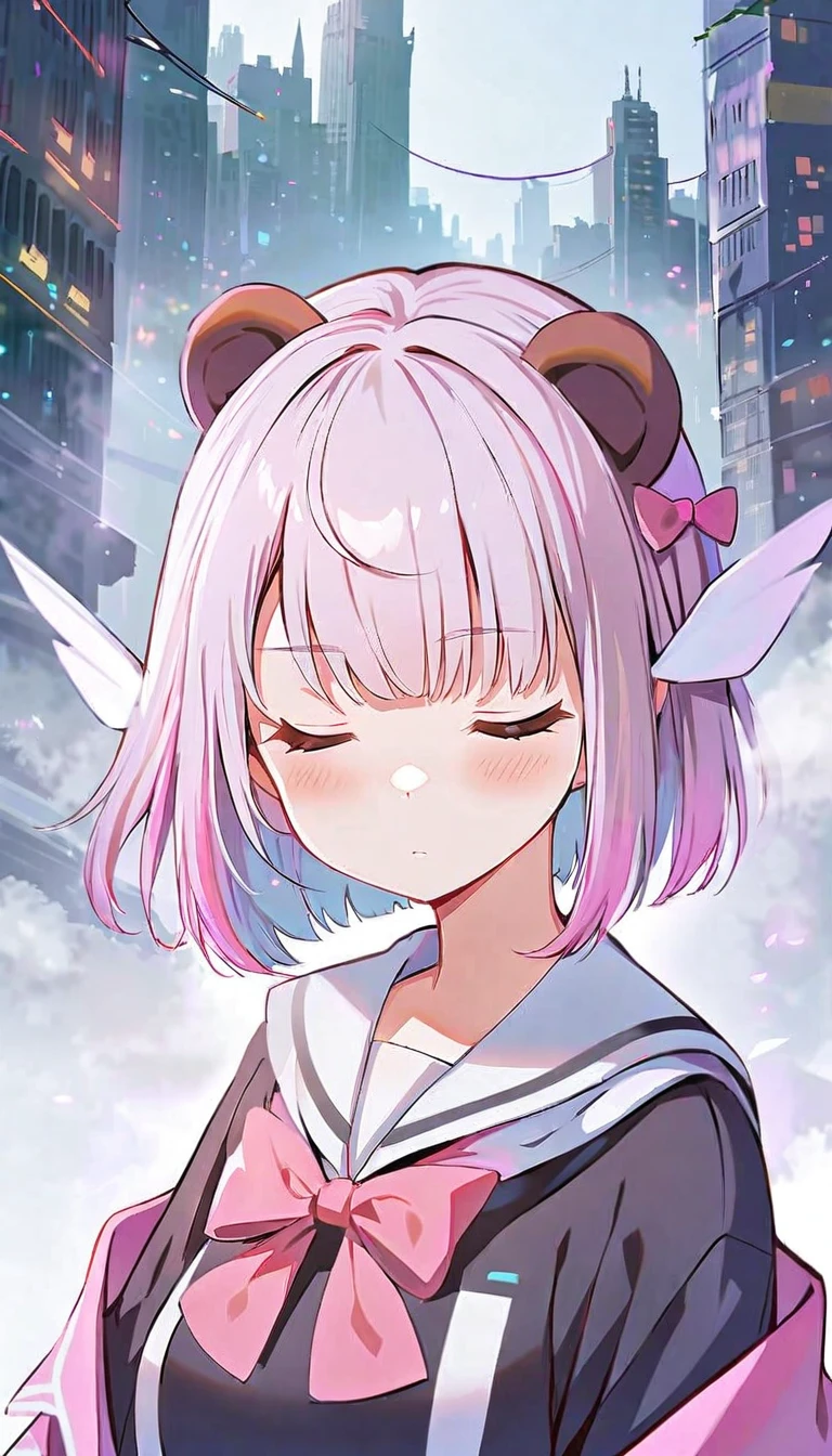 Ski Style, One girl, alone, Pink Hair, Animal ears, blue eyes, wing, View your viewers, bangs, short hair, bow, Sailor collar, white Sailor collar, hair bow, pink bow, Mouth closed, shirt, white shirt, Bear ears, Bobcut, mini wing, Portraiture, detached wing, compensate, Upper Body, Background city
