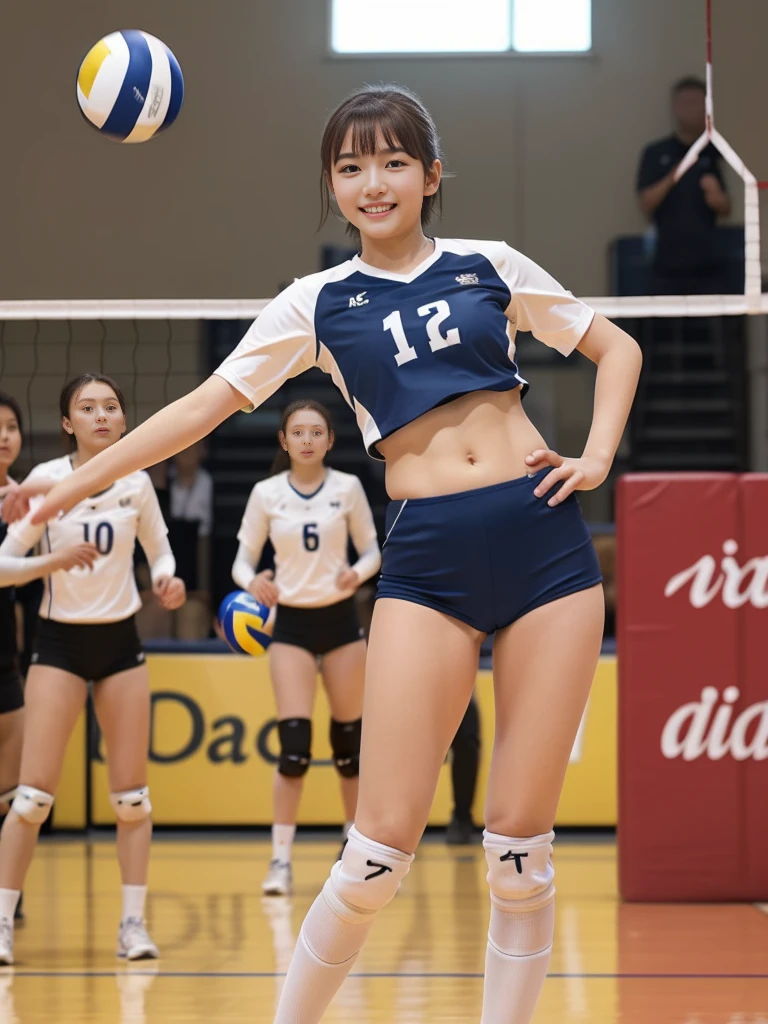 Glossy thighs、(8K、top-quality、masterpiece:1.2)、(realisitic、Photorealsitic:1.37)、ultra-detailliert、top-quality、超A high resolution、professionally lit、Photon mapping、Radio City、physically-based renderingt、Cinematic lighting、depth of fields,Focusing,Sun'rays,Good composition,,(((1 girl of 12 years))),Double eyes、(((white Volleyball uniform 、Dark blue high-leg low-rise bloomers)))、Gymnasium、A big smile、Gymnasium Court, (Tween model, 12 year old girl, young)), Ethereal beautiful, slim, ,Colossal tits、 Toned abs, short cut hair、Soft light, ((David Hamilton Style)),