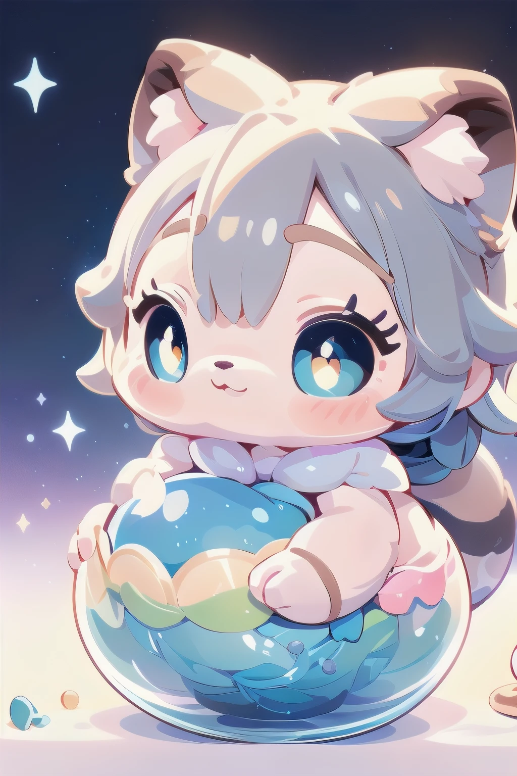 Cute raccoon in a surreal, dreamy fantasy scene、Detailed digital illustration、8K、Very detailed、Very realistic、Photorealistic、Bright colors、Dramatic lighting、Intricate details、Whimsical、magical realism、Soft pastel tones、Shine、Ethereal、Mysterious、Mysterious、Imaginative、Conceptual