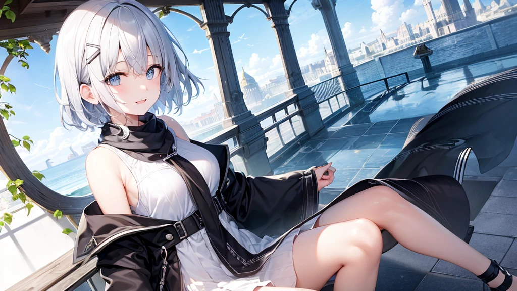 Her eyes were shining、Mysterious and enchanting atmosphere。With AI Painting、とてもShort Hair, Long bangs between the eyes, Grey Eyes , Very detailed,(masterpiece、Highest quality)、alone、Gray Hair、Fantasy, Silver Hair, Beautiful Eyes,Ecstasy, charm, attract the audience, Fantasyな風景、White shirt、smile、Open your mouth、Scarf、short hair、Short Hair、hairpin、Dark Eyes