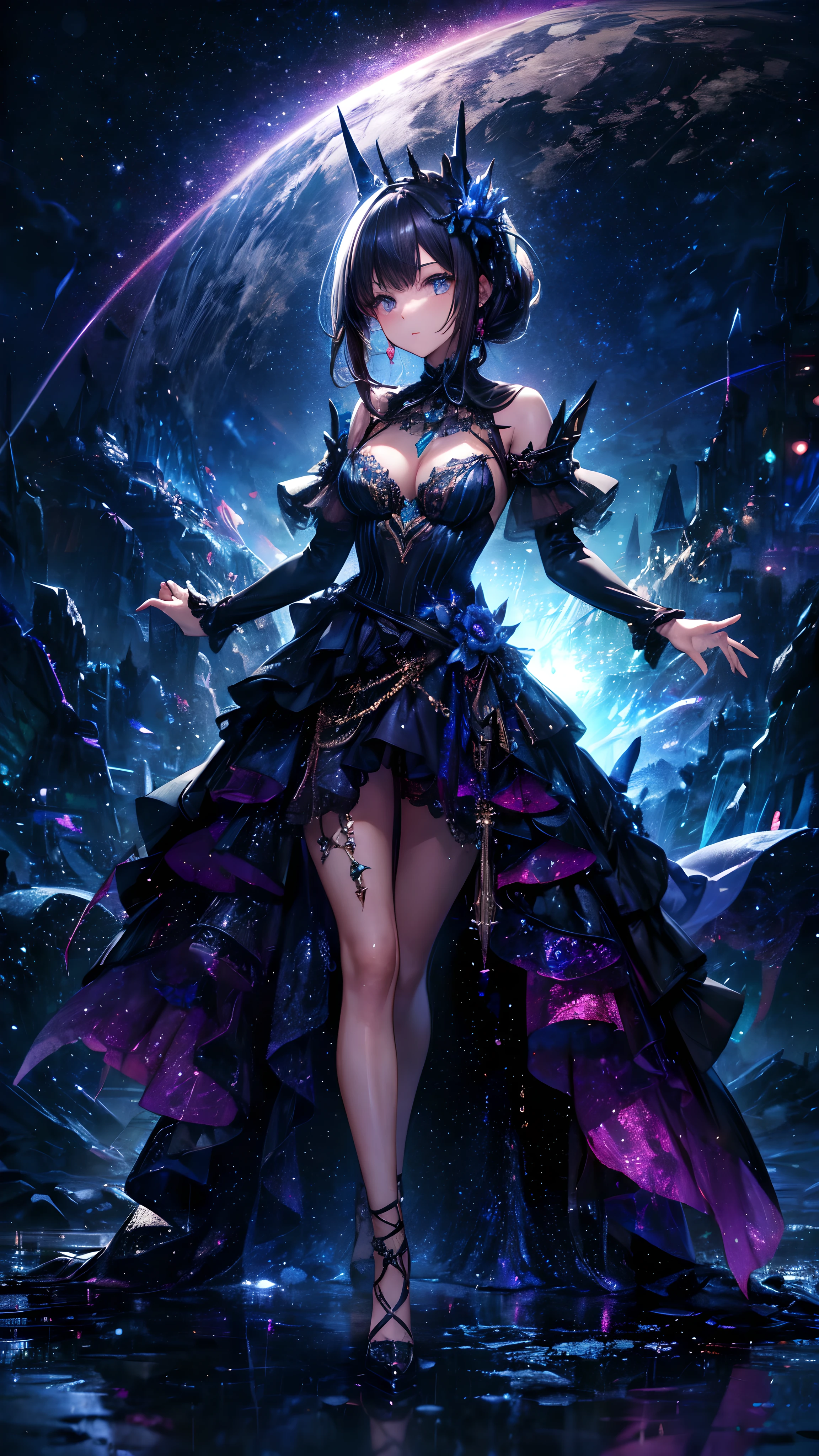 Woman wearing night sky, Like a night dress, A perfect fusion of dress and night sky, Seamless blending, BREAK aesthetic, upscale, luxury,