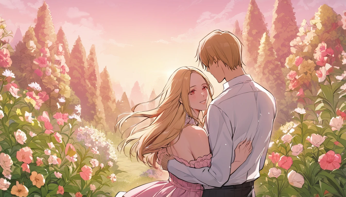 sexy-style, floral background, romance manhwa, masterpiece, best quality, 2others, couple, hetero, 1man with 1woman,
man hair blonde, (Man_red_eyes), 
woman hair blonde, (woman_pink_eyes),
height difference, 
different colors, happy, love, flower-filled landscape, forehead