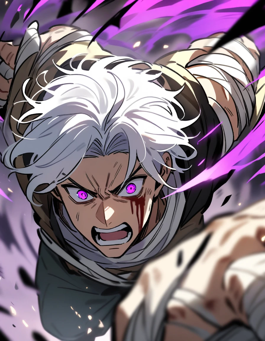 young Greek man with white hair, violet eyes, one of his arms in bandages, his face bleeding from bruises and going on the attack