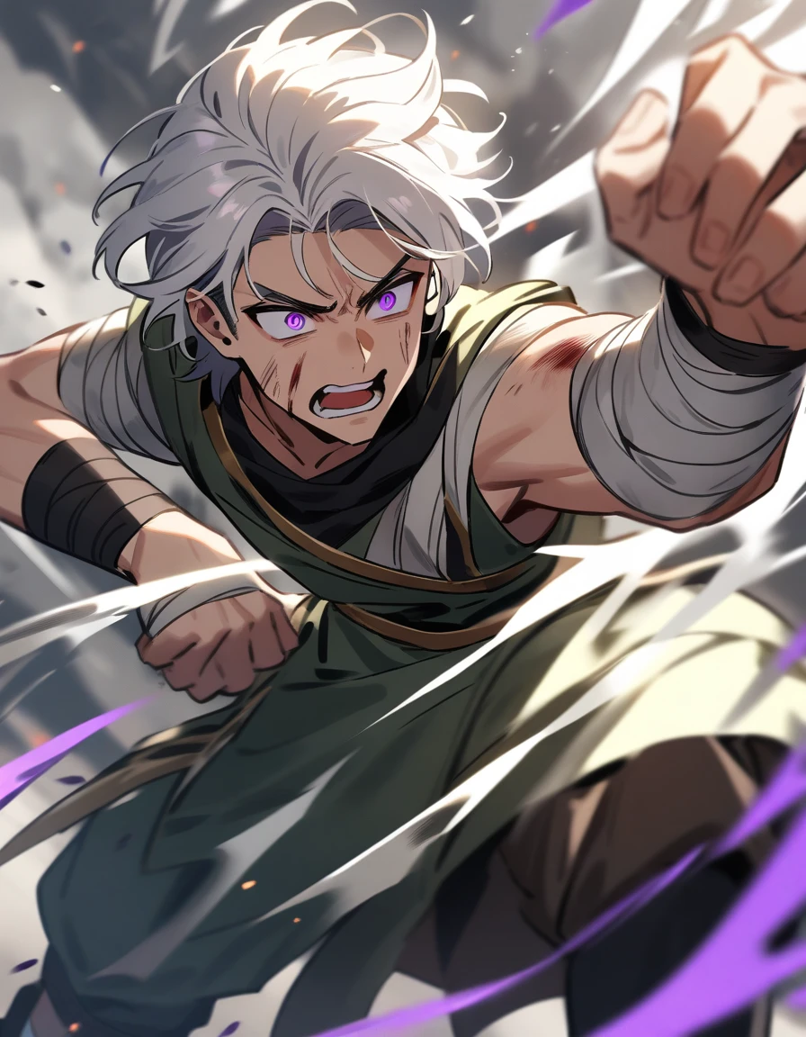 young Greek man with white hair, violet eyes, one of his arms in bandages, his face bleeding from bruises and going on the attack