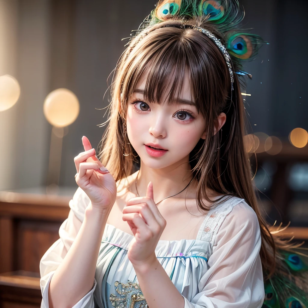 NSFW, 8k, High-level, absurd, masterpiece, best quality, primitive, very detailed CG, very detailed wallpaper, perfect lighting, Extremely detailed (((The personifying " Peacock " as a Little Girl))), MysticSight, Tyndall effect, Tyndall scattering, Studio gray background with (many Dazzling RainbowColor particles BokeH:1.28), (RoundlyButts, ThighGap), (Exposed:0.4), (Assfocus with looking ahead), BREAK (NOGIZAKA face variations) Extremely Detailed very KAWAII face variations, perfect anatomy, Childish, captivating gaze, elaborate detailed Eyes with (sparkling highlights:1.28), long eyelashes、Glossy RED Lips with beautiful details, Coquettish tongue, Rosy cheeks, Radiant PearlSkin with clear transparency . { (Dynamic LifeLike expressions:1.4) | :d) }, (large eyes:-1) .