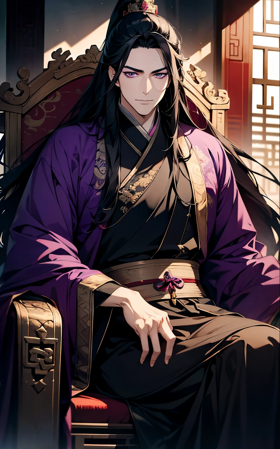 1 middle-aged man, (45 years old), long black hair, violet eyes, chinese clothes, purple clothes, sitting chniese throne, purple chinese room