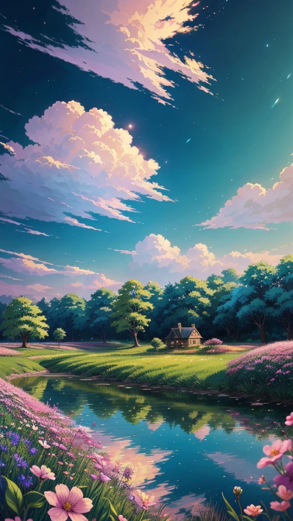 painting of a house in a field with blue river with trees and flowers at night, cyril rolando and goronfujita, anime art wallpaper 4k, anime artwallpaper 4 k, anime landscape wallpaper,makoto shinkai cyril rolando, animecountryside landscape, anime artawallpaper 8 k, beautiful anime scene,beautifull puffy clouds. anime, 4k highlydetailed digital art