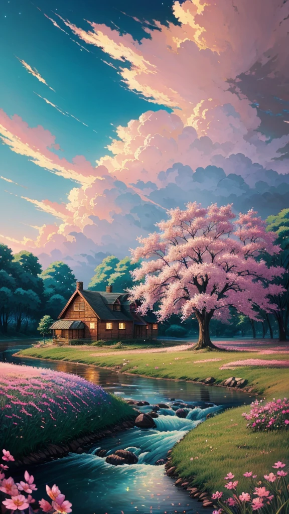 painting of a house in a field with blue river with trees and flowers at night, cyril rolando and goronfujita, anime art wallpaper 4k, anime artwallpaper 4 k, anime landscape wallpaper,makoto shinkai cyril rolando, animecountryside landscape, anime artawallpaper 8 k, beautiful anime scene,beautifull puffy clouds. anime, 4k highlydetailed digital art
