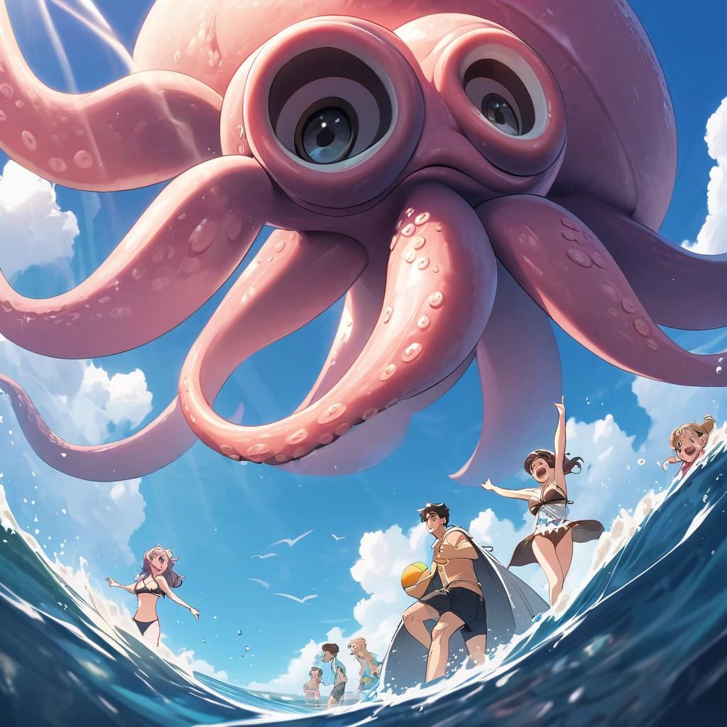 sleeve cape, boys and girls, manga style, beachfront, bikinis, having fun at sea, perspective from below, voleyball na beachfront, a giant octopus appears in the sea