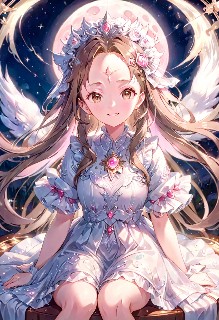 Very detailed,(((ultra detailed face))),best quality, 8k, (柔Light), Light, 1 lady, facing the camera,brown hair, fluffy hair,((forehead)),elegant, Comfortable, Clean and detailed anime art, Trending on artstart, milky white, illuminate warmly, (pink and white theme),big smile,dress,sitting the moon