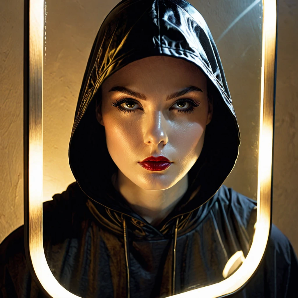 character with a black hood, and a lighted mirror as a face