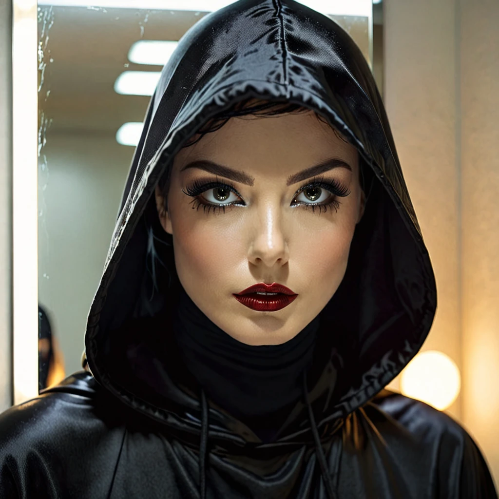 
character with a black hood, and a lighted mirror as a face