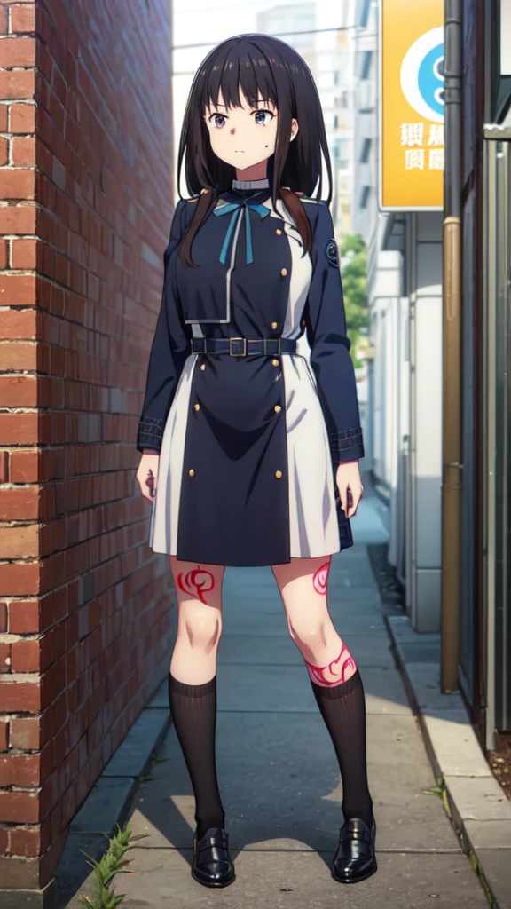 (((Pixel Perfect, Perfect in every detail))), alone, 1 personの女の子, Inoue Check, Licorice Uniform, View your viewers, Mouth closed, (((Pixel Perfect, Perfect in every detail))), alone, 女の子1 person, Chisato Nishikigi, Uniform sake, Looking at the audience, 1 personの女の子, alone, chest, Neck ribbon, Collared shirt, Uniform sake, Two-tone micro mini dress, Blue Dress, Long sleeve, Red Belt, (((1 personの女の子))),(((alone))),(((1 person))).loafers、Black socks、女の子1 person, whole body,（Looking up:1.4） alley, Contact us, Talk to your audience、Are Are standing、, 1 Girl}} Are standing,,{Show Viewer,, tattoo, High heels, saliva, tattoo、顔を強調するAre standing、Shaving, (下腹部のtattoo:1.5), (ハートのtattoo:1.5), (belly but ton: 1.1), 女の子1 person, whole body,choker、slave、 Big Breasts、chestの膨らみ，big、Expressionless、（Blacknee-length socks:1.4）