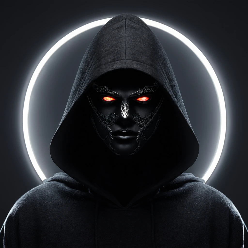 
character with a black hood, and a lighted mirror as a face