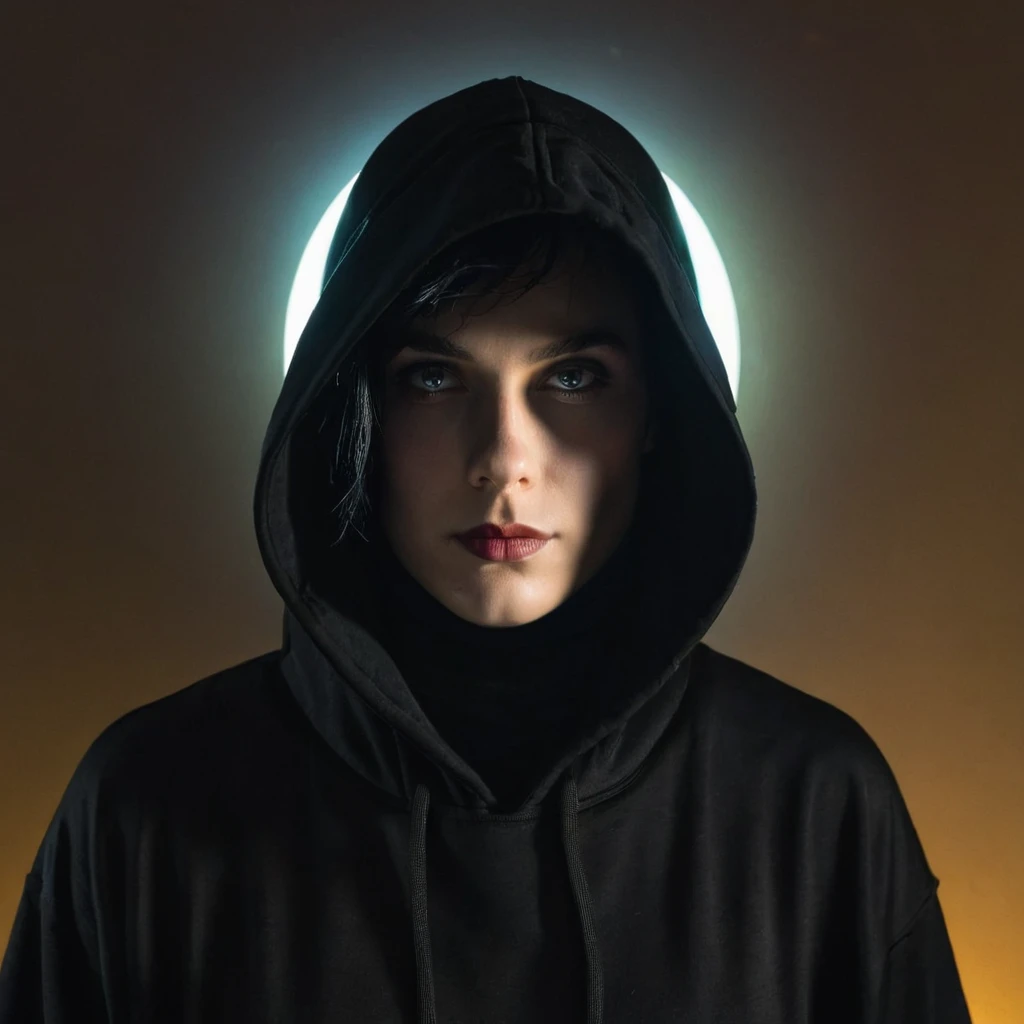 
character with a black hood, and a lighted mirror as a face