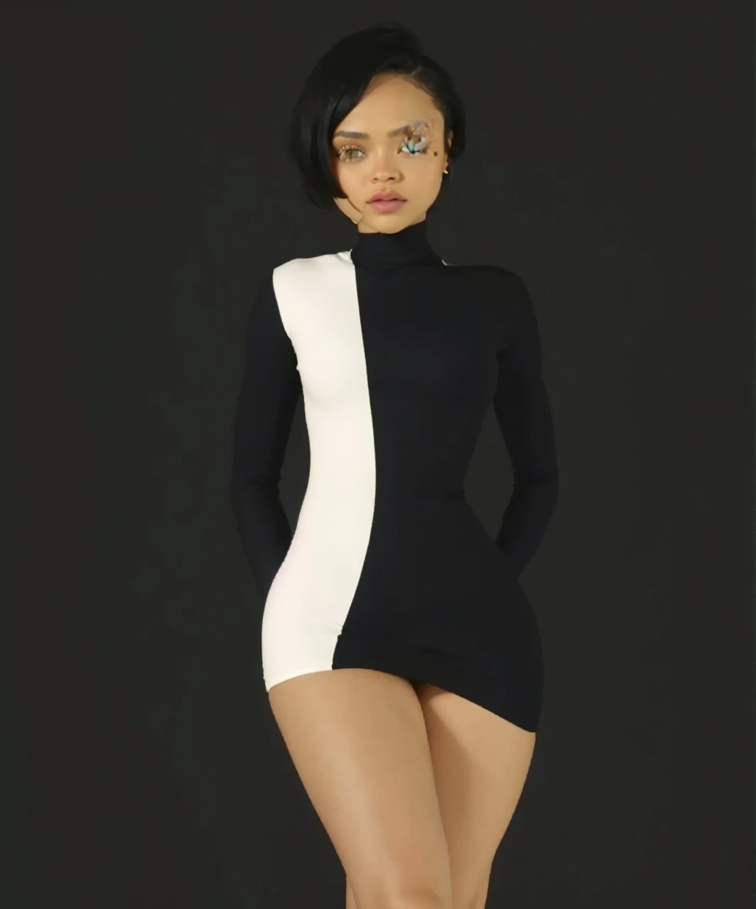 Sitting (Beautiful teen girl, Yara Shahidi, KIKI Layne, Kylie Jenner, Maitreyi Ramakrishnan, young Jessica Alba), Wearing tight white and black matte-fabric long sleeve mini dress, beautiful soft thighs, (HDR, 8K, vivid, vibrant, detailed: 1.4), (hyper realistic, movie graphics)