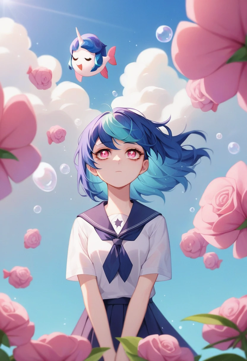 score_9, score_8_up, score_7_up, score_6_up, score_5_up, score_4_up,girl, tween, JK,wavy short hair, darkblue hair, floating hair, cosmic colored eyes, school-uniform, pale skin, tired face, no shine in the eyes is looking up at the sky, (so many fish are swimming in the air), beautiful sky, beautiful clouds, summery colorful flowers are blooming here and there, (crystal clear bubbles are shining prism here and there in the sky), the noonday moon and noonday stars in the sky, female is at messy downtown, BREAK ,highly detailed,cinematic lighting,ray trace,golden ratio,(long shot),wide shot,