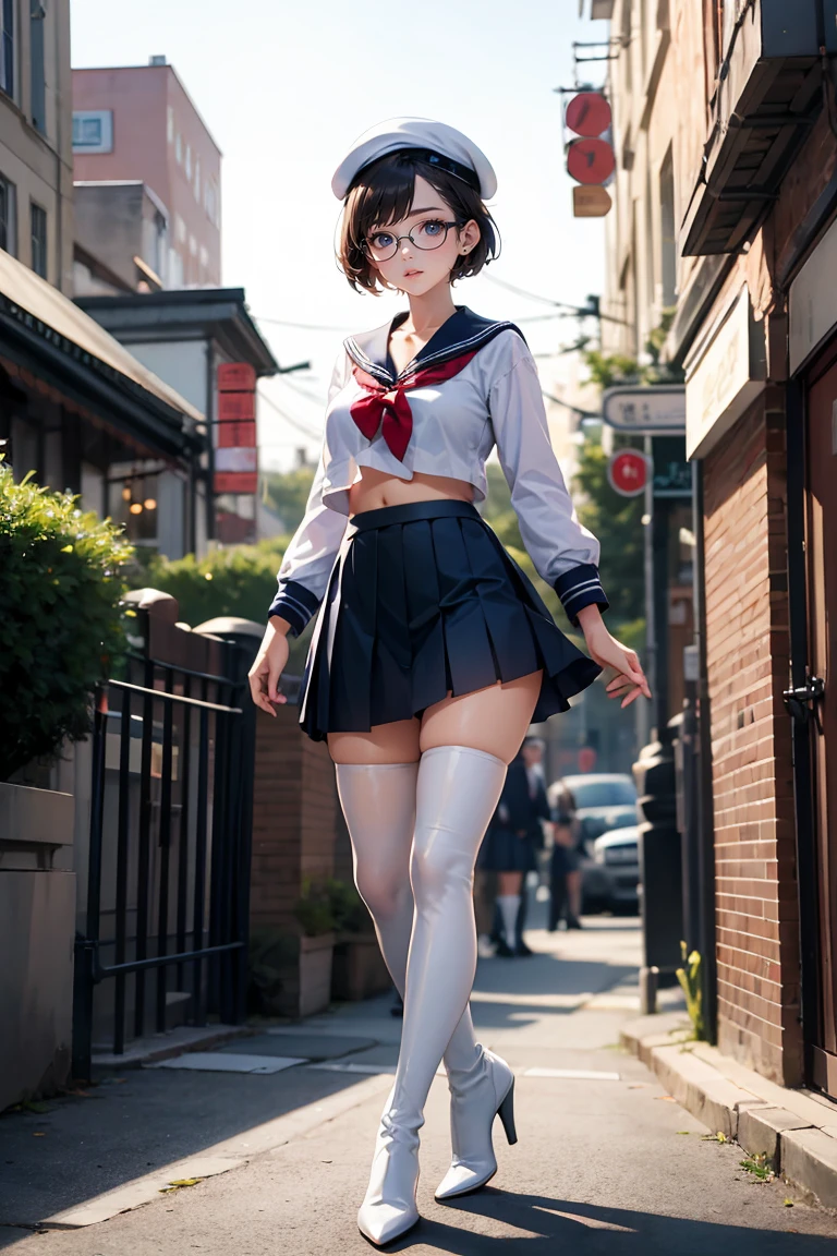 Best quality, Masterpiece, white thighboots, pleated skirt, sailor uniform, beret, glasses, short hair, medium breasts, cleavage, full body, city, high heels boots, navel