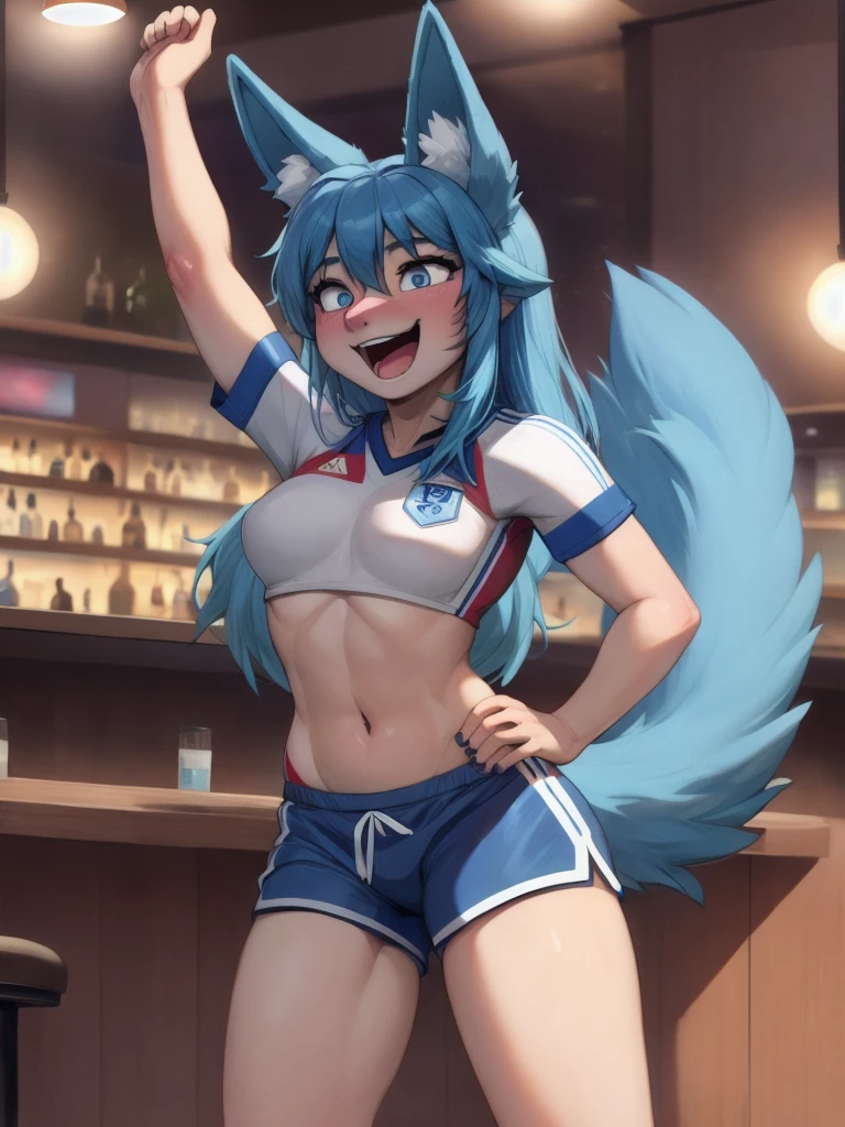 (Masterpiece) (High Detail) (High Res) A short humanoid girl with pale human skin and long blue hair and blue dog ears and a fluffy blue dog tail and average ???????. She is stood wearing an oversized baggy white England Soccer Jersey. England Soccer. Euro 24. White shirt and Navy shorts. She is in a bar and is holding an English flag and has england flag face pair. She looks happy. She is a soccer fan. Nike. Long hair. Arms in the air and singing. 