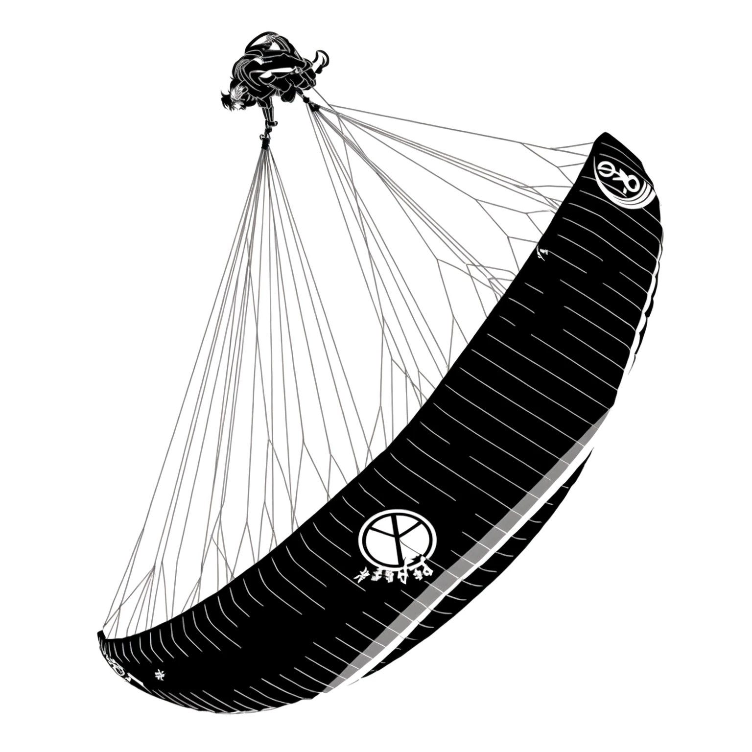 阿拉菲Kite，There is a person flying in the air, Black and white vector art, Drawn image, black and white only, Shinkai Makoto, sickle design, Black on white, Otsutsuki Momoshiki, Low resolution, Kite, Black on white线条艺术, Vectorization, Line art illustration