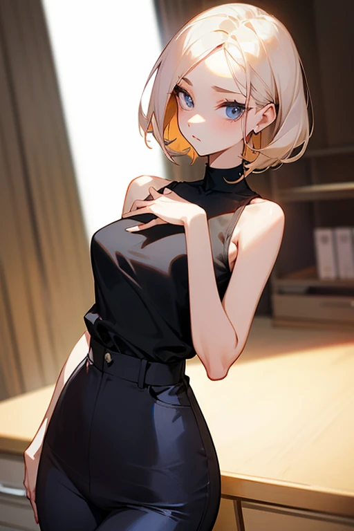 beautiful girl、Office Casual Fashion、Sleeveless high neck blouse、Stall、Tight pants style、slender、Model Body Type、Ideal Style、 women、Slim and cute、ピクシーカット、オフィス