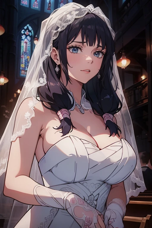 (((Big Breasts)))(masterpiece:1.3, Highest quality, Ultra-high resolution, Ultra-detailed), (Realistic, photoRealistic:1.4), Beautiful illustrations, (Natural side lighting, Cinema lighting), Depth of written boundary, Watching the audience, Bust photo, 1 girl, , Perfect Face, (Perfect Anatomy), Symmetrical cute face, Baby Face, Gin, thin (Long Hair:1.8, :1.2, Black Hair), Black pupils, Pink Lips, Long Eyelashes, (Large Breasts:1.3), Beautiful Hair, Beautiful Face, Detailed and beautiful eyes, Beautiful clavicle, Beautiful body, Beautiful breasts, Beautiful thighs, Beautiful feet, Beautiful fingers, Fine cloth texture, wedding princess dress, Flower on head, Head ornament, (Bandeau wedding dress:1.5), (Silk dress:1.2), (Strapless Wedding Dress:1.5), plain white dress, necklace, Earrings, Cleavage, bouquet, (Lace gloves:1.2), (Bridal Veil:1.2), (Short transparent veil:1.2), (Beautiful views), evening, Clear sunlight, (church, Stained glass) walk, (Smile, blush),
