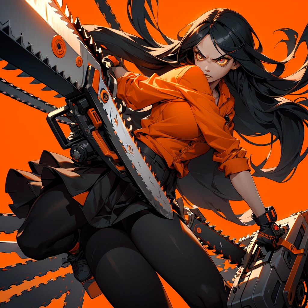 One girl,Chainsaw Sunrise Stance, (Have a weapon:1.3),whole body,Long black hair,,cherry blossoms, Zoom out,Wide Shot, (masterpiece, Highest quality),1girl,Dynamic composition、[17277fbe68],sunrise stance,((Perspective Lens, Woman with long hair, Dynamic poses with serious and mean expressions, Big long chainsaw wo two hands )) ((Pure Orange Background:1.2)),Anime Style、Detailed eyes、Looks like she&#39;s in her early 20s,Shooting in mid-motion,With her long braided hair fluttering. Her outfit is reminiscent of a butterfly,Black and yellow color palette,Be playful.,