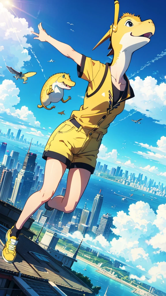 Summer in Tokyo, a small yellow dinosaur and a in shorts fly over the blue sky, a mysterious world, a dynamic pose