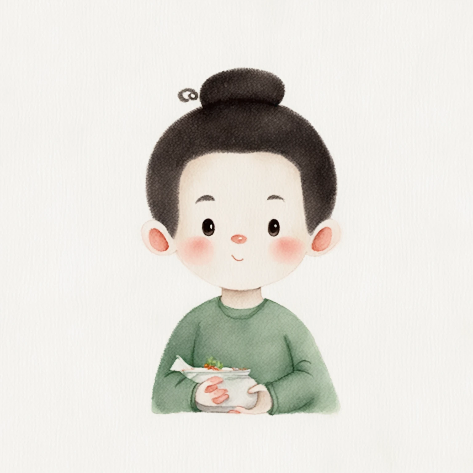 There was a little boy holding a plate of food, Cute illustrations, Cute cartoon characters, Lovely characters, Watercolor illustration style, Portrait of a little person, High-quality character design, Hand drawn cartoon art style, author:Xia Gui, Lovely art style, Lovely and detailed digital art, Chinese watercolor style, High quality portrait, Children's illustrationsA mustache figure wearing a blue kimono, Young fair angel, Inspired by Gu An, Xiaorong, jin shan, Inspired by Wu Daozi,Gourd in hand