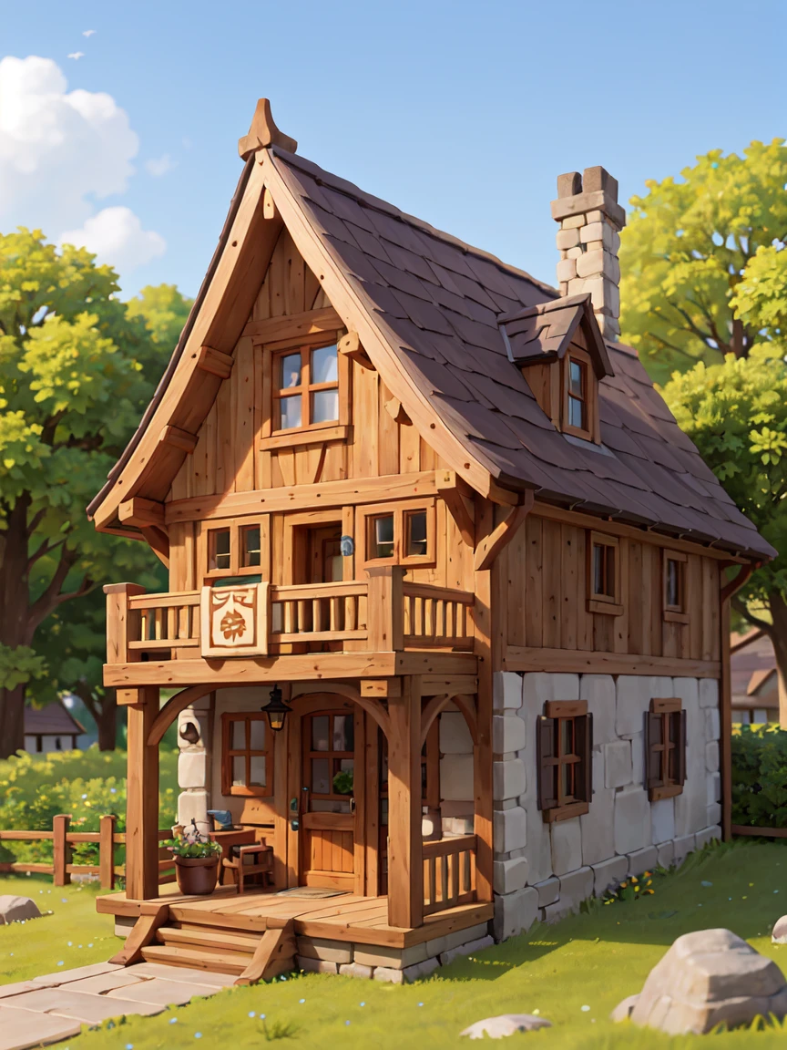 masterpiece, best quality, mini landscape, medieval house, porch, balcony, half timbered house, stone, wood