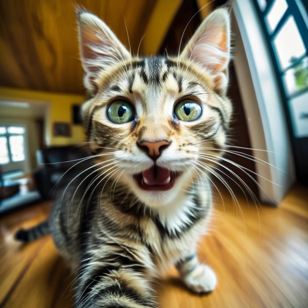 Kitten taking a selfie at home, Fisheye effect style, What's that？, stare, hidden object pictures, Tilt,